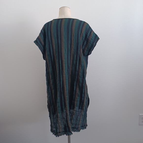 Eileen Fisher Dress Women M Green Striped Gauzy Casual Minimalist V Neck Coastal - Picture 2 of 9